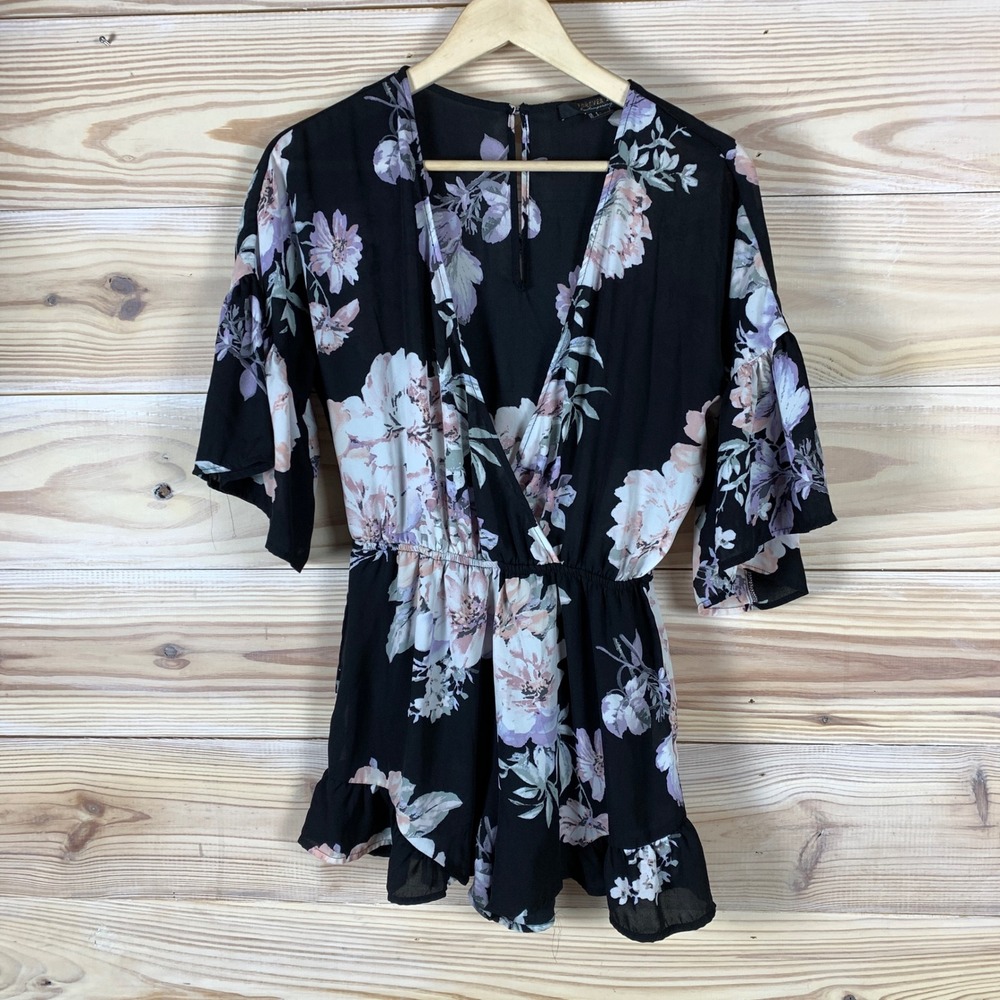 Forever 21 Romper Womens S Floral Plunge Bell Sleeve Ruffle Beach Cover Boho